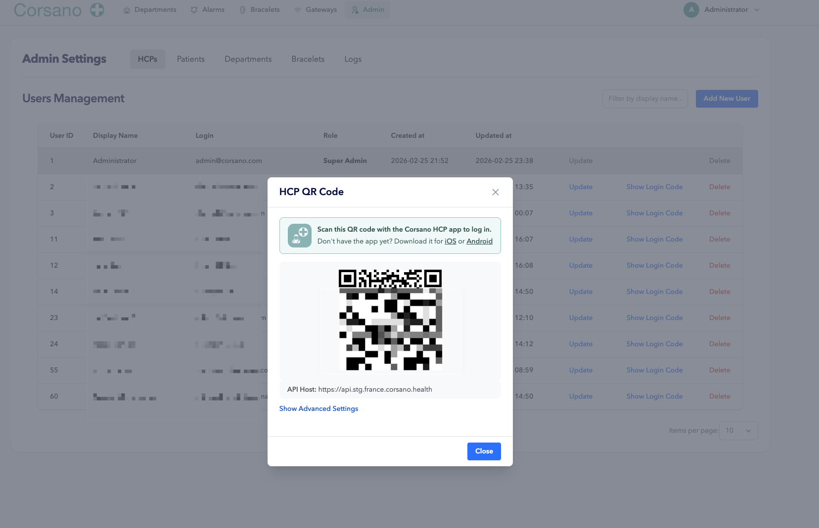HCP QR Code window in the web interface