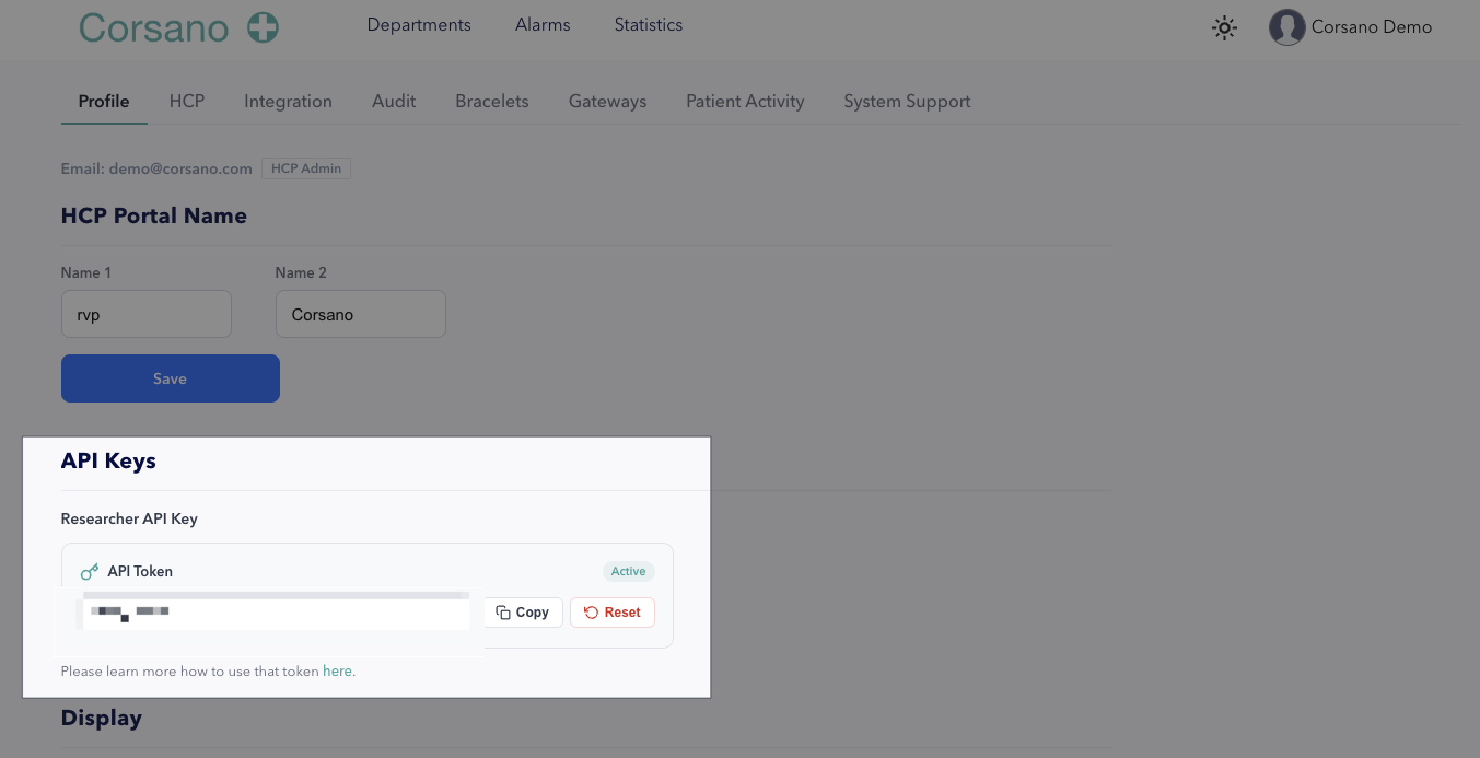 Researcher API Key on the settings page