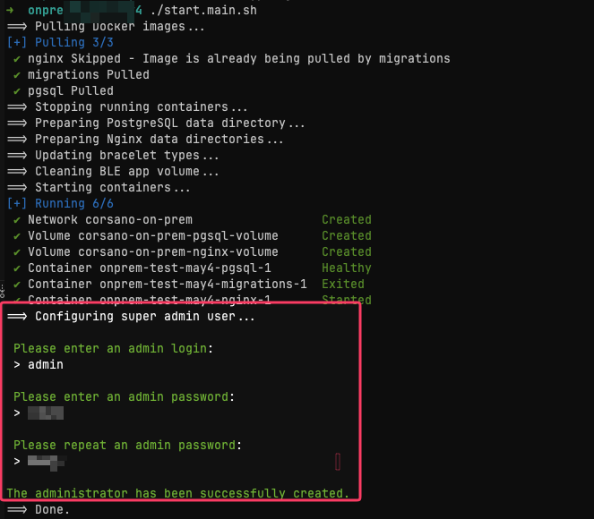 Initial setup prompts for super admin credentials