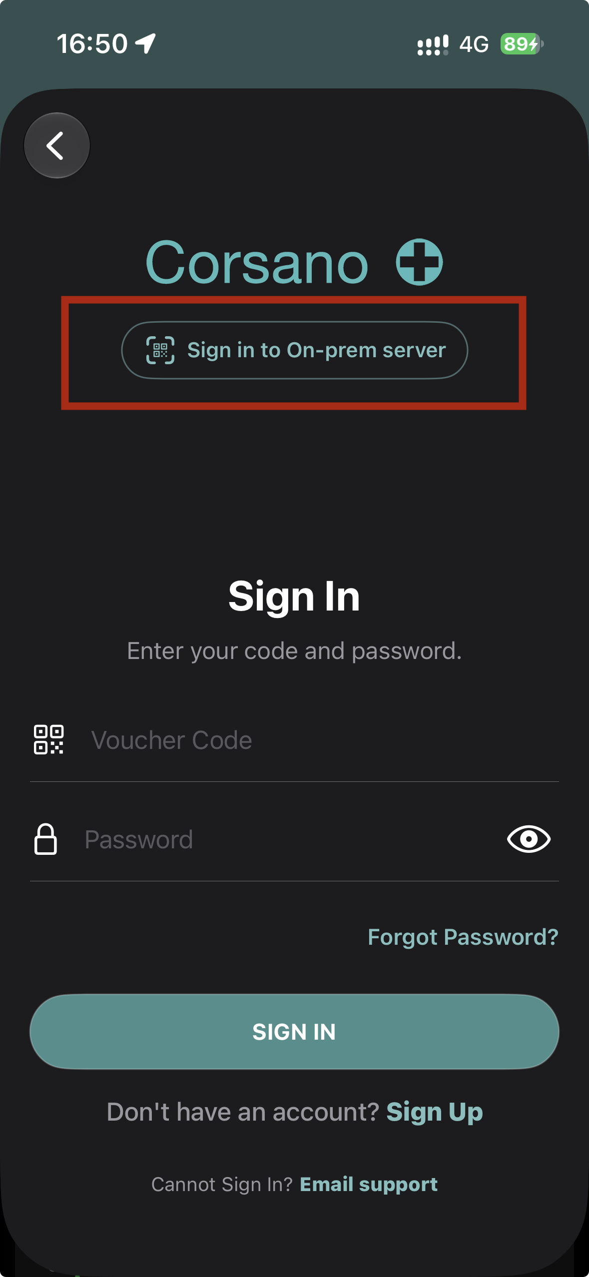 Sign in to On-prem server in the Corsano app